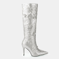 Tuhoomall Comfortable Rhinestone Embellished Knee High Boots for Parties, Performances, and Special Occasions with 9.5cm Stiletto Heel Tuhoomall