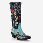 Tuhoomall Western Floral Embroidery Mid-Calf Boots - Trendy Slip-On Style for Parties and Performances, Comfortable Rubber Sole