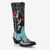 Tuhoomall Western Floral Embroidery Mid-Calf Boots - Trendy Slip-On Style for Parties and Performances, Comfortable Rubber Sole Tuhoomall