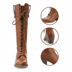 Tuhoomall Western Cowgirl Mid Calf Boots, Retro Chunky Heel, Round Toe, Zipper Closure, Stylish Casual Travel Footwear