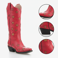 Tuhoomall Western Mid Calf Boots for Women - Embroidered Slip-On Design with Chunky Heel and Studded Details Tuhoomall