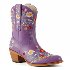 Tuhoomall Stylish Western Ankle Boots with Floral Embroidery, Rubber Sole, Chunky 5cm Heel for Classic and Casual Looks
