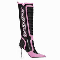 Tuhoomall Knee High Party Boots with Pointed Toe, 10cm Stiletto Heels, Stylish Striped Pattern, Perfect for Fashionable Events