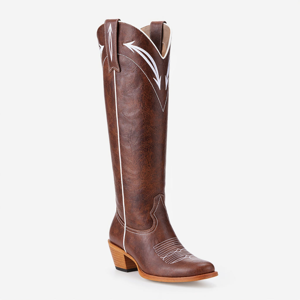 Tuhoomall Western Cowboy Knee-High Boots for Women, Floral Embroidery, Stylish Chunky Heels, Comfortable Everyday Wear Tuhoomall