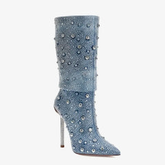 Tuhoomall Denim Blue Stiletto Boots, Chic Pointed Toe, Rhinestone Embellished, Scrunch Design for Parties and Casual Outings, 4.5-Inch Comfortable Heel Tuhoomall