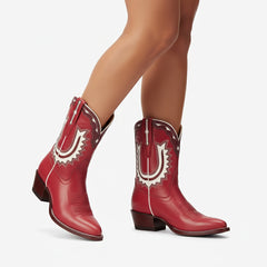 Tuhoomall Stylish Women's Ankle Boots with Embroidery and Laser Cut Out, Perfect for Parties and Performances, Comfortable Chunky Heel Design