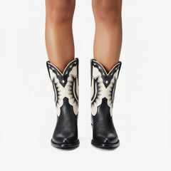 Tuhoomall Stylish Women's Ankle Boots with Embroidery and Laser Cut Out, Perfect for Parties and Performances, Comfortable Chunky Heel Design