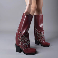 Tuhoomall Western Style Chunky Heel Knee High Boots with Studded Design for Parties and Performances, Retro Fashionable PU Leather Footwear
