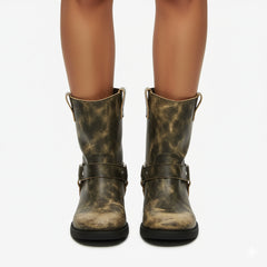 Tuhoomall Western Cowboy Ankle Boots for Women, Vintage Chunky Heel Booties, Easy Slip-On Design, All-Weather Comfort with Metal Buckle Detail