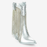 Tuhoomall Chic Pointed Toe Chunky Heel Ankle Boots with Tassels and Sparkling Rhinestones for Parties and Stylish Casual Outings