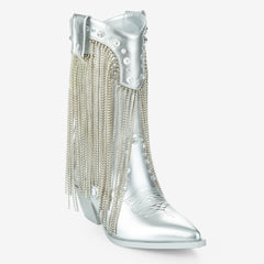 Tuhoomall Chic Pointed Toe Chunky Heel Ankle Boots with Tassels and Sparkling Rhinestones for Parties and Stylish Casual Outings