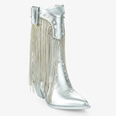 Tuhoomall Chic Pointed Toe Chunky Heel Ankle Boots with Tassels and Sparkling Rhinestones for Parties and Stylish Casual Outings Tuhoomall