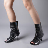 Tuhoomall Stylish Peep Toe Ankle Boots for Women - 10cm Stiletto Heels, Slip-On, Studded Design for Parties and Performances