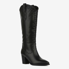Tuhoomall Western Knee-High Boots for Women, 7cm Chunky Heels, Slip-On Style, Durable Woven Leather, Perfect for Work and Casual Occasions