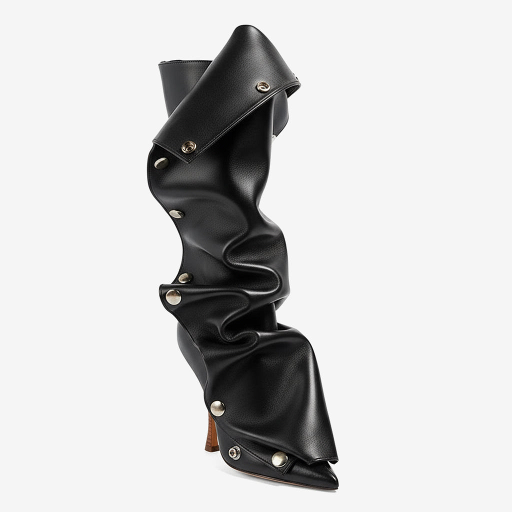 Tuhoomall Mid Calf Stiletto Boots for Women, Pointed-Toe Denim Heels with Button Detail for Fashion Parties and Events Tuhoomall