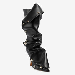 Tuhoomall Mid Calf Stiletto Boots for Women, Pointed-Toe Denim Heels with Button Detail for Fashion Parties and Events Tuhoomall