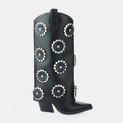 Tuhoomall Western Cowboy Knee High Boots for Women - Floral Pattern, Foldable Design, Chunky Heel, Perfect for Fashion, Outdoor and Casual Wear