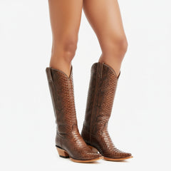 Tuhoomall Western Style Knee-High Cowboy Boots For Women, Comfortable Ankle Design, Fashionable Casual Look With Faux Leather In Crocodile & Snake Patterns