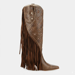 Tuhoomall Western Cowboy Knee-High Boot for Women, Comfortable Chunky Heel with Fringe, Star and Studded Design - Perfect for Fashion and Outdoor Events