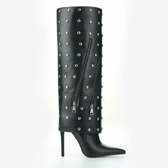 Tuhoomall Knee High Party Boots for Women, Two Piece Design with Studs and Zipper, Stylish High Heel 11.5cm, Perfect for Performances and Special Occasions Tuhoomall