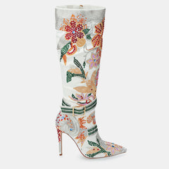 Tuhoomall Knee-High Boots with Floral Rhinestone Accents, Comfortable Chunky Heels for Parties and Performances