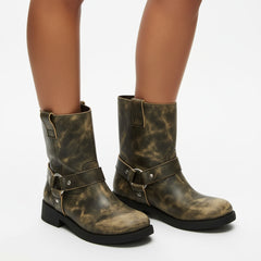 Tuhoomall Western Cowboy Ankle Boots for Women, Vintage Chunky Heel Booties, Easy Slip-On Design, All-Weather Comfort with Metal Buckle Detail