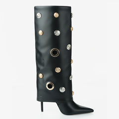 Tuhoomall Stylish Knee-High Women's Boots with Pointed Toe, Hollow Design and Metal Accents for Parties, Performances and Fashion Events