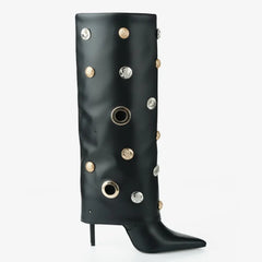Tuhoomall Stylish Knee-High Women's Boots with Pointed Toe, Hollow Design and Metal Accents for Parties, Performances and Fashion Events Tuhoomall