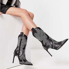 Tuhoomall Stiletto Ankle Boots With Rhinestone Applique, 3.94in Heel, Pointy Toe, Chic For Parties And Casual Outings, All-Season Wear