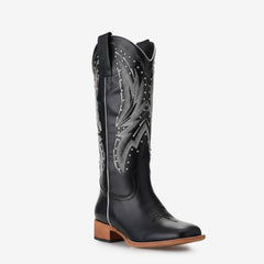 Tuhoomall Western Cowboy Women's Mid-Calf Boots - Comfortable Slip-On Design, Chunky Heel, Embroidered and Studded Style for Outdoor and Parties Tuhoomall