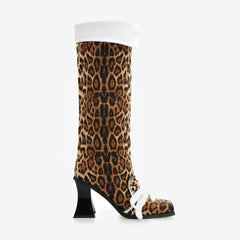 Tuhoomall Knee-High Cowboy Boots for Parties, Animal Print, Chunky Heel, Cross-Strap Design, All-Season Fashion Footwear