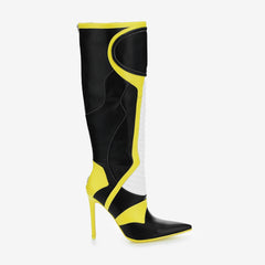 Tuhoomall Knee High Boots, Comfortable Stiletto Heels, Slip-Resistant Design, Stylish Striped Patchwork for Parties and Performances