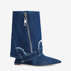 Tuhoomall Women's Short Denim Ankle Boots, Stylish Wedge Heel, Foldable Cuff, Perfect for Formal and Casual Events