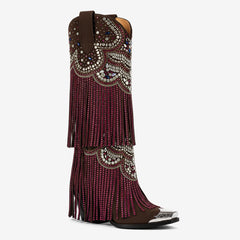 Tuhoomall Western Knee High Boots for Parties, Performances, Fashionable Comfort with Floral Embellishments and Sparkling Details