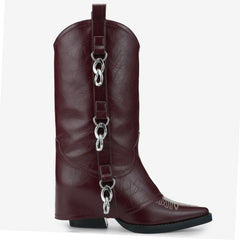 Tuhoomall Western Cowboy Ankle Boots For Women, Fashionable Chunky Heeled Mid-Calf Boots With Metal Buckle, Casual All-Season Style