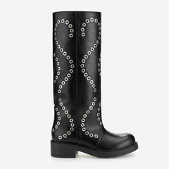Tuhoomall Comfortable Knee-High Boots with Geometric Patterns, Low Heel, Perfect for Performances and Casual Fashion
