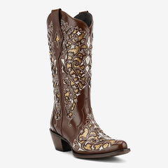 Tuhoomall Cowboy Boots for Women Western Square Toe Mid Calf White Cowgirl Boots Rhinestone Chunky Wedding