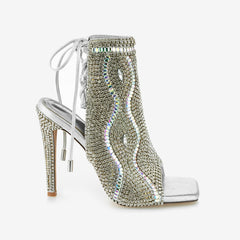 Tuhoomall Stylish High Heel Open-Toe Ankle sandals with Rhinestones for Party and Performance, Chunky Design and Lace-Up Closure, Perfect for All Seasons