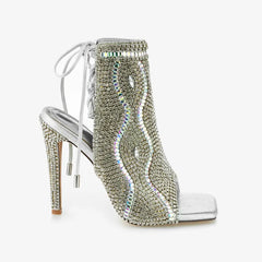 Tuhoomall Stylish High Heel Open-Toe Ankle sandals with Rhinestones for Party and Performance, Chunky Design and Lace-Up Closure, Perfect for All Seasons Tuhoomall