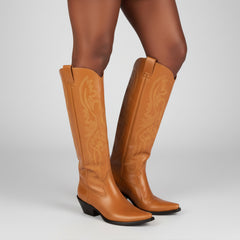 Tuhoomall Western Style Floral Embroidery Knee High Boots for Work - 5.6 cm Chunky Heel, Rubber Sole, Slip-On Design, Classic Fashion وترتیب