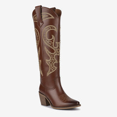 Tuhoomall Western Style Knee High Boots With Rhinestones & Embroidery, Trendy Chunky Heels For Casual Office Wear, All Season Comfort