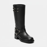 Tuhoomall Comfortable Chunky Heeled Calf-High Boots with Adjustable Buckles for Parties and Performances, Stylish Solid Color Design Tuhoomall