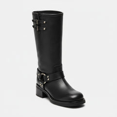 Tuhoomall Comfortable Chunky Heeled Calf-High Boots with Adjustable Buckles for Parties and Performances, Stylish Solid Color Design