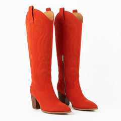 Tuhoomall Western Floral Embroidered Knee-High Boots for Women - Comfortable Slip-On Design with Chunky Heel for Parties and Daily Wear