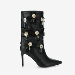 Tuhoomall Ankle Boots for Women, Casual Wrinkled Booties, Glamorous Rhinestone and Metallic Buckle Design, Perfect for Outdoor Fashion