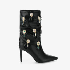 Tuhoomall Ankle Boots for Women, Casual Wrinkled Booties, Glamorous Rhinestone and Metallic Buckle Design, Perfect for Outdoor Fashion Tuhoomall