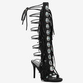 Tuhoomall High Heel Open Toe Booties with Fringe and Stone Detail for Party and Fashion Runway Events