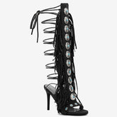 Tuhoomall High Heel Open Toe Booties with Fringe and Stone Detail for Party and Fashion Runway Events Tuhoomall