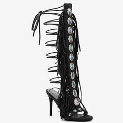 Tuhoomall High Heel Open Toe Booties with Fringe and Stone Detail for Party and Fashion Runway Events