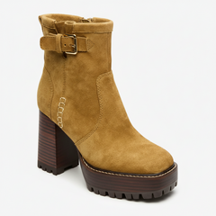 Tuhoomall Waterproof Chunky Heeled Ankle Boots for Outdoor, Work, and Casual Fashion - Adjustable Buckle, Zipper Closure, Quilted Suede